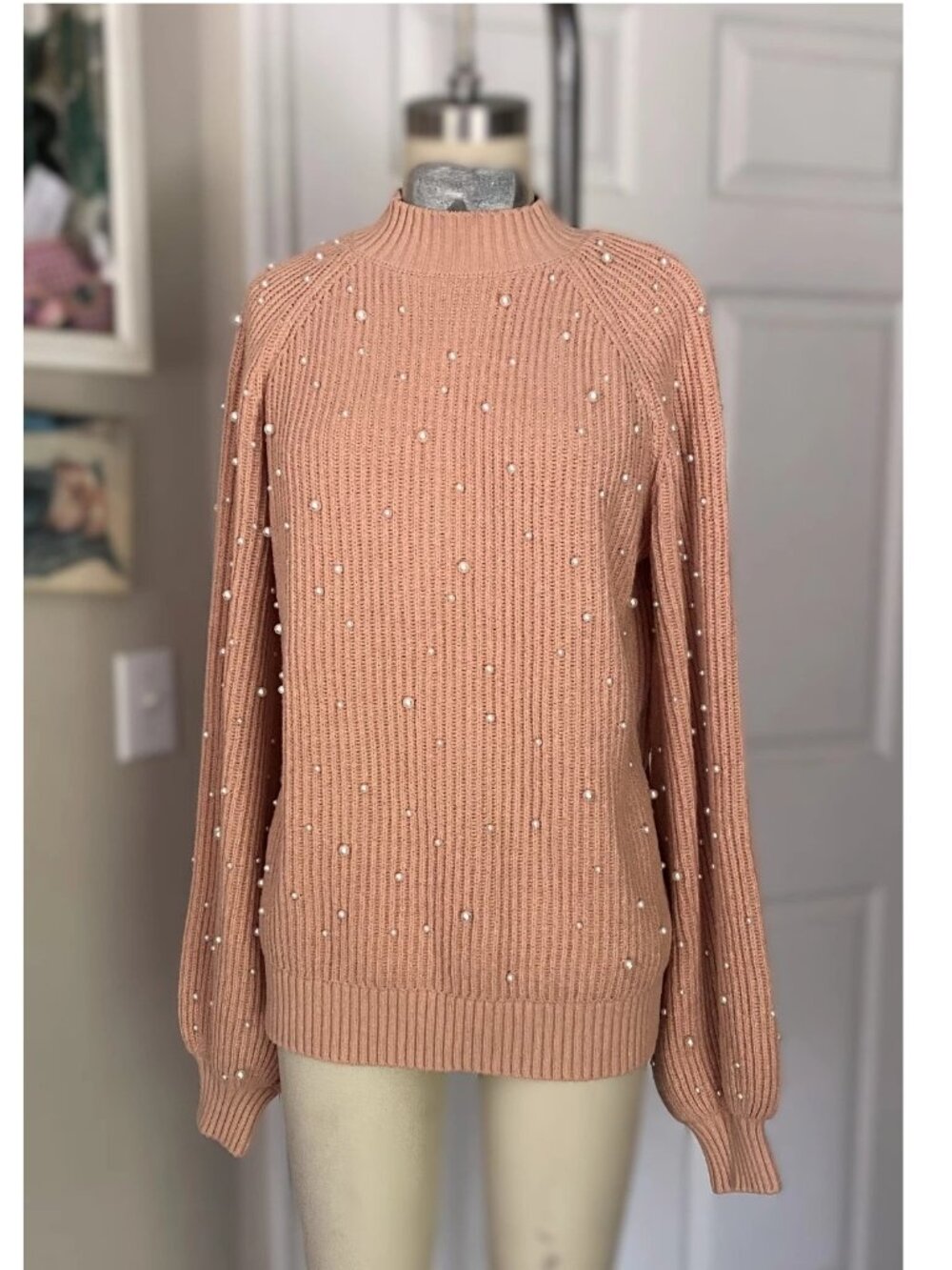 G by Giuliana X QVC Ribbed Knit Pearl PEARLS Slouchy mock Sweater *MEDIUM*